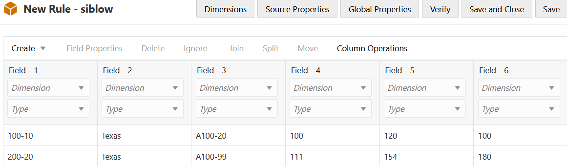 Bild des Regeleditors für die Dimensionserstellung für die neue Regel "siblow", wobei die undefinierten Felder 1 bis 6 als Metadatenspalten gefüllt werden müssen. Unter jedem Feld werden die importierten Datenwerte aus der Quelldatendatei angezeigt.