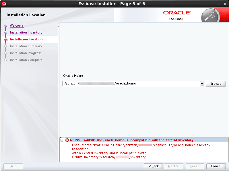 Bildschirm "Installationsverzeichnis" mit Fehler NGINST-64018: Das Oracle Home ist nicht mit dem zentralen Bestandsverzeichnis vereinbar Bildschirm "Installationsverzeichnis" mit Fehler NGINST-64018: Das Oracle Home ist nicht mit dem zentralen Bestandsverzeichnis vereinbar