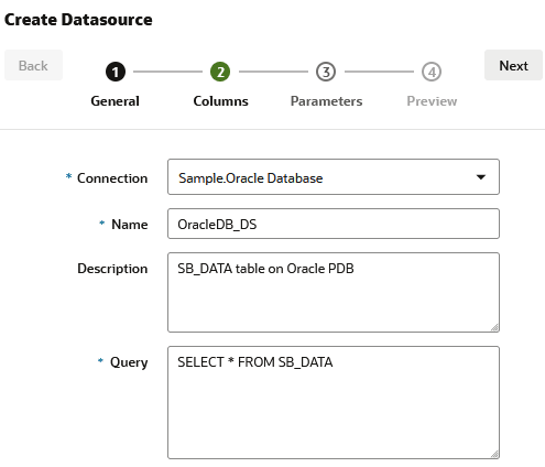 Dialogfeld "Datenquelle erstellen", Schritt "Allgemein", für das Erstellen einer Datenquelle für Oracle Database. Verbindung: Sample.Oracle Database, Name: OracleDB_DS, Beschreibung: SB_DATA table on Oracle Database, Abfrage: select * from SB_DATA