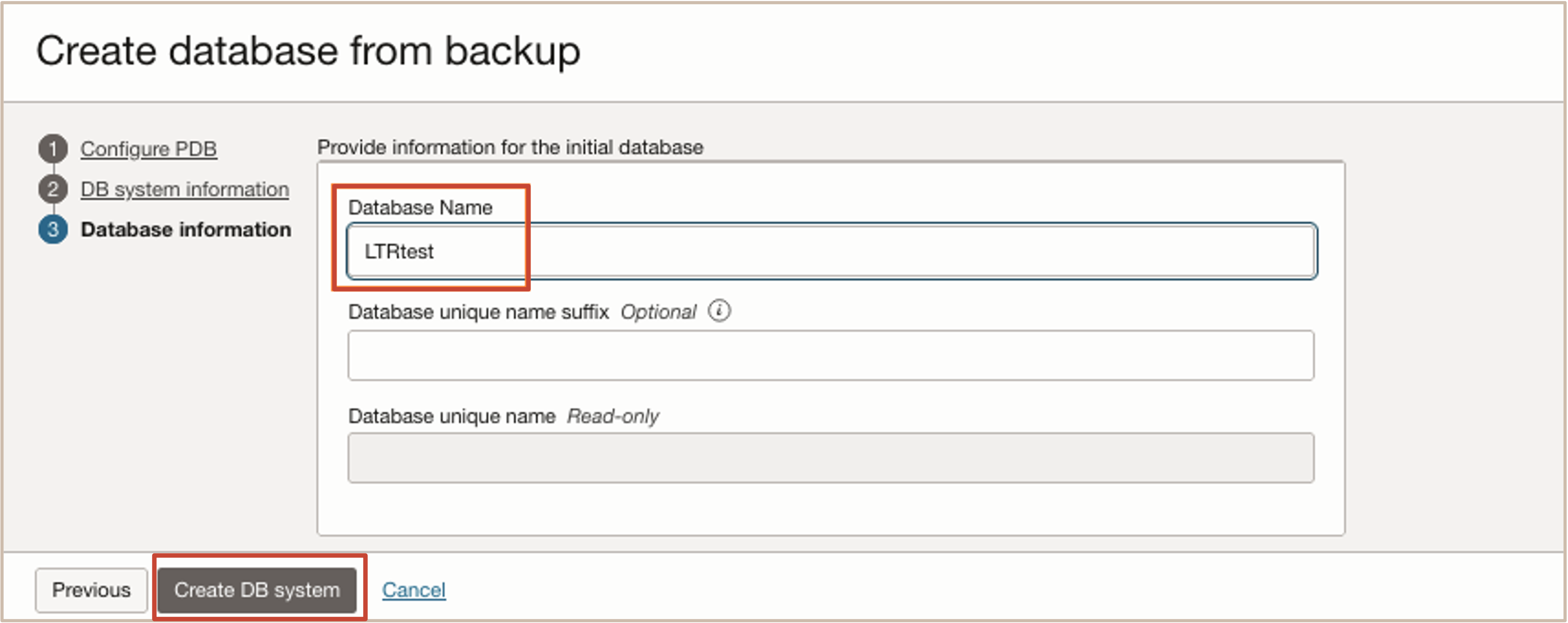 Bild mit "Datenbank aus Backup erstellen"