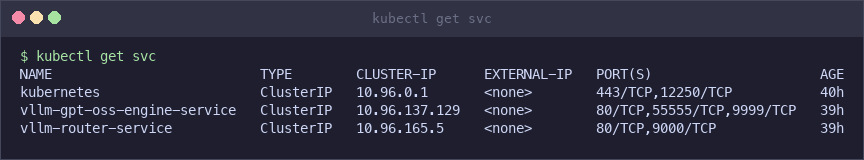 kubectl get svc-Ausgabe mit Router- und Engine-Services