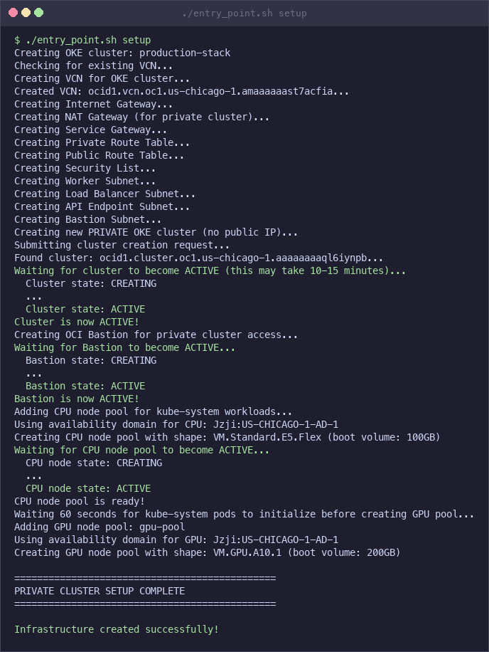 Terminalausgabe des entry_point.sh-Setups mit VCN-, Cluster-, Bastion- und Knotenpoolerstellung