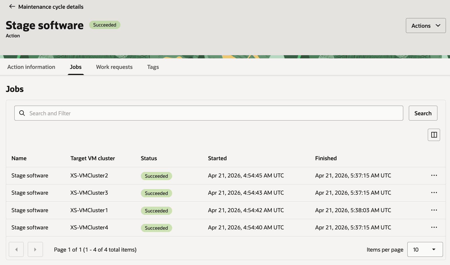 Tabelle mit Softwarejobs für Grid Infrastructure-Staging mit allen VM-Clusterjobs erfolgreich