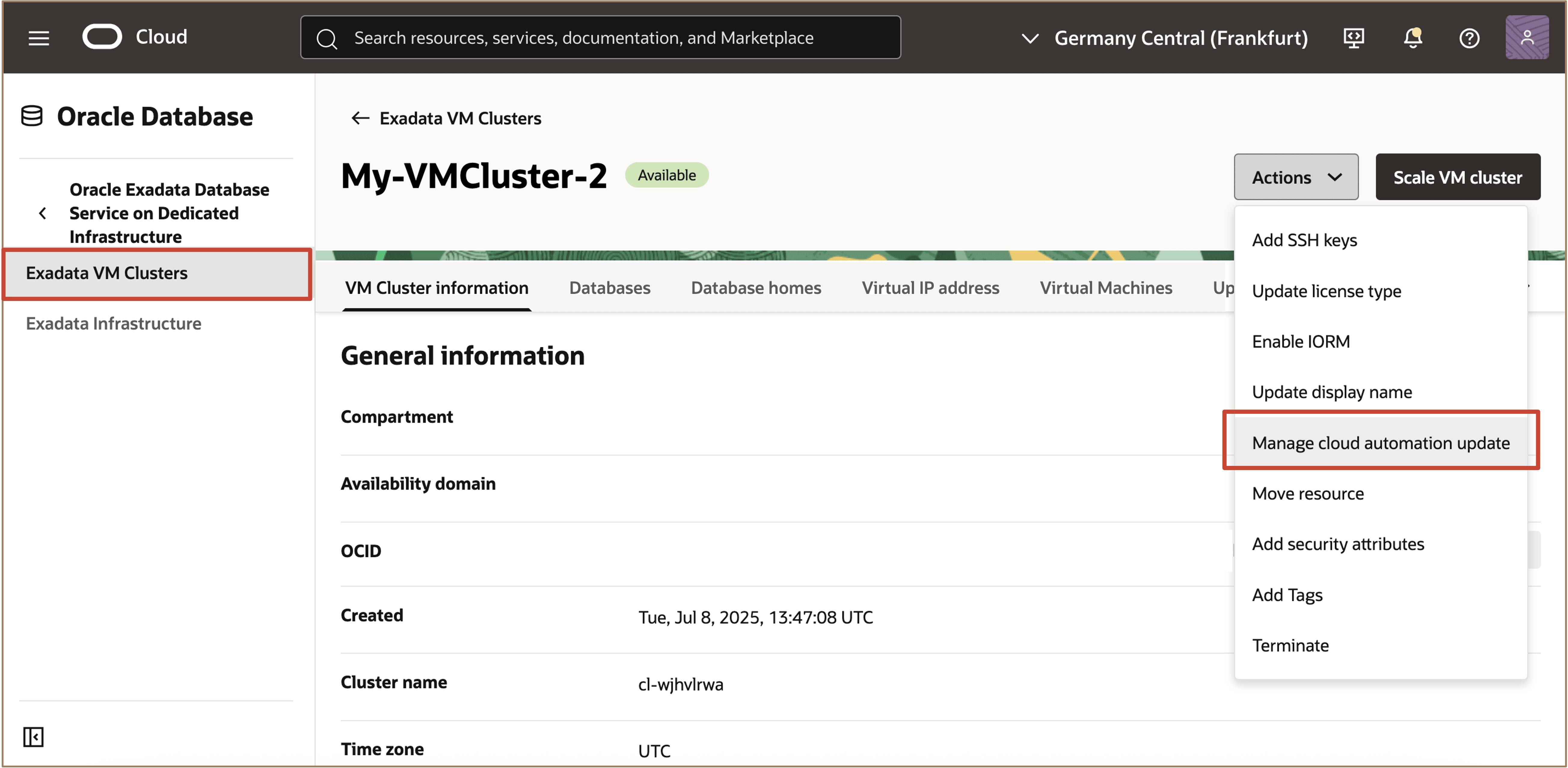Bild mit der Option "Cloud-Automatisierungsupdate verwalten"