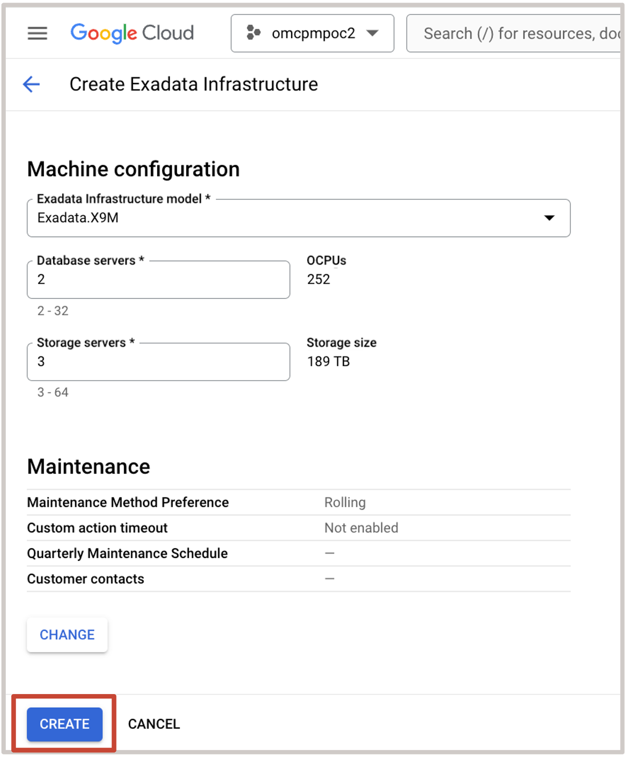 Bild mit "Exadata Infrastructure erstellen"