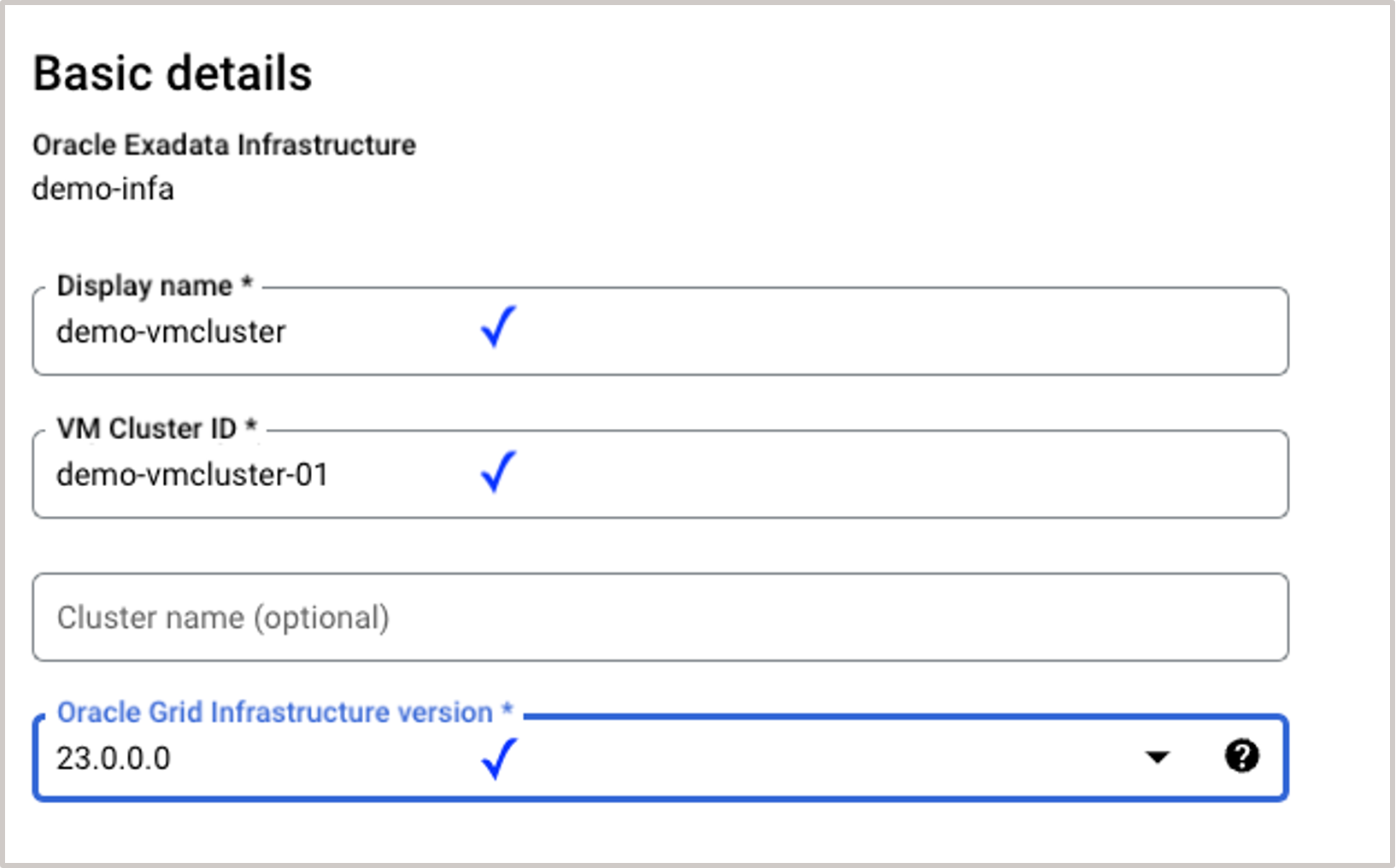 Bild mit den grundlegenden Details zum Erstellen eines Exadata-VM-Clusters