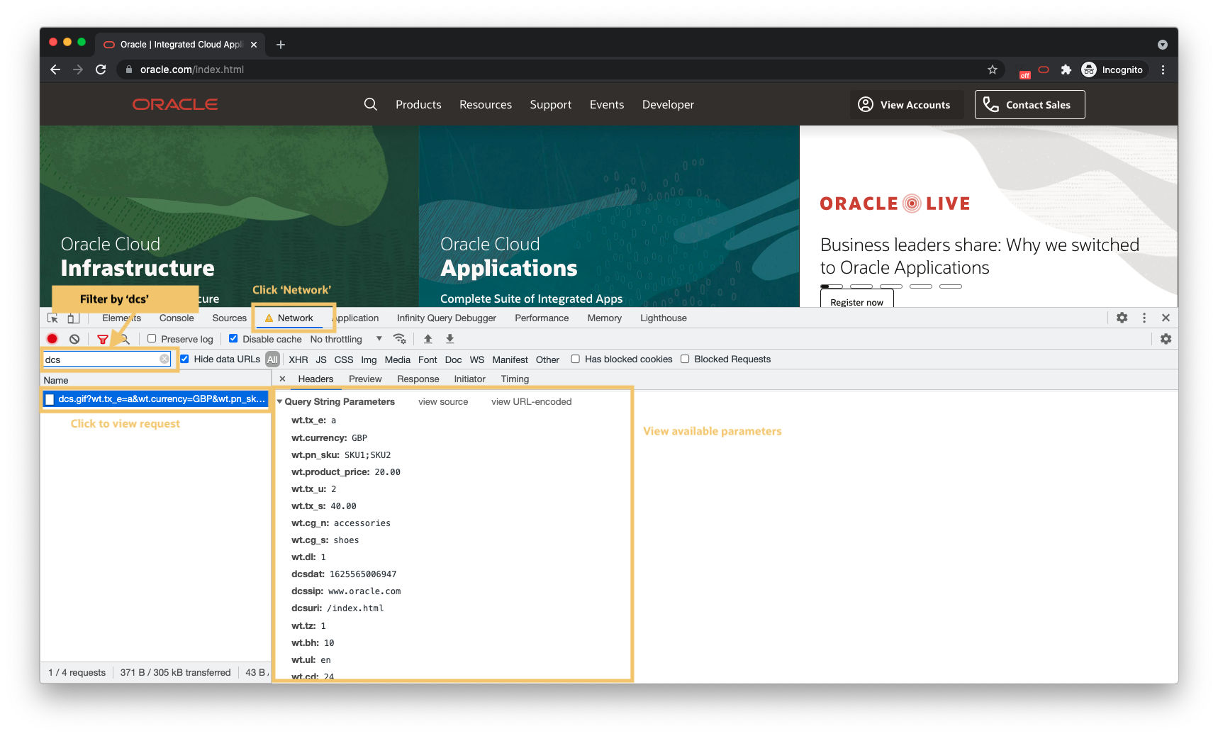 Oracle Infinity-Datenerfassungsaufruf anzeigen