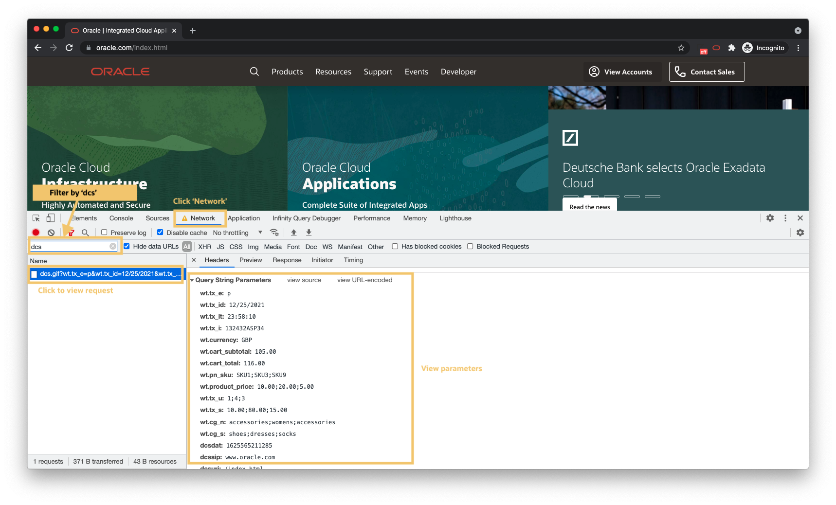 Oracle Infinity-Datenerfassungsaufruf anzeigen