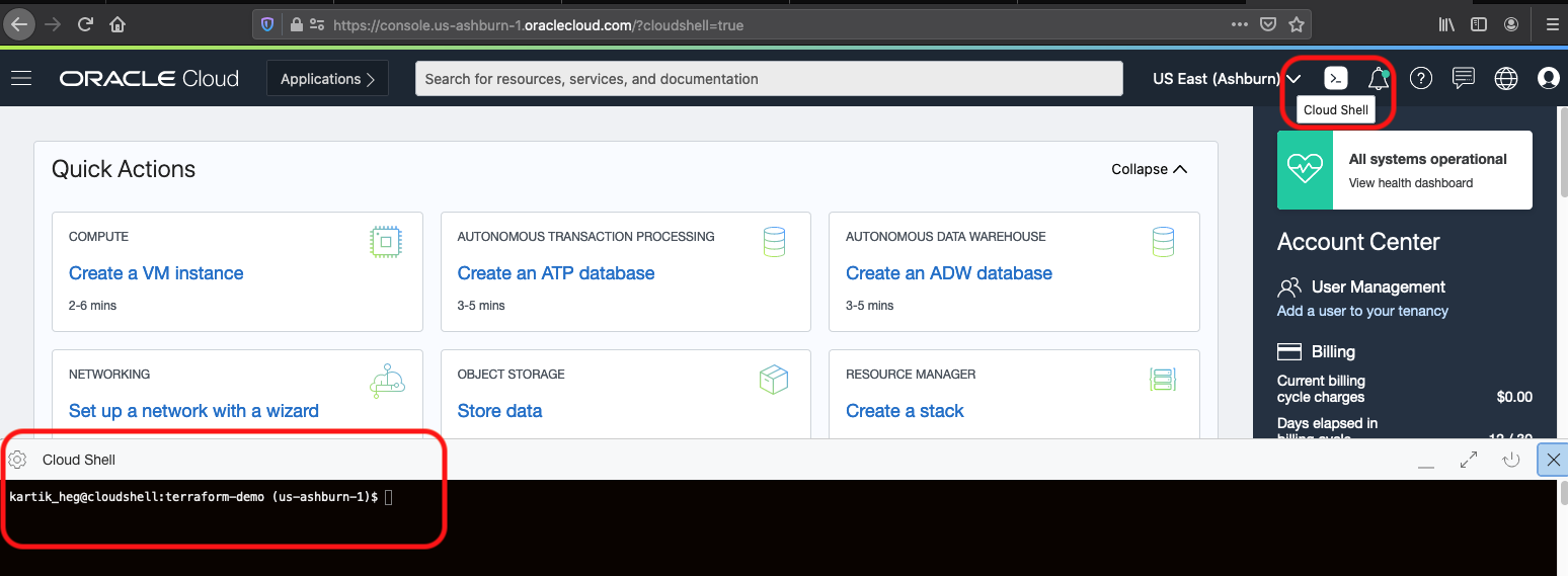 Cloud-Shell-Symbol in der OCI-Konsole
