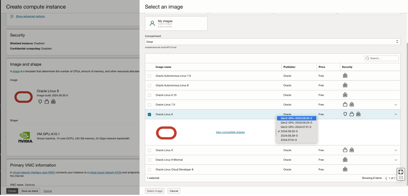 Screenshot der Auswahl eines Oracle Linux 8-Images mit integrierter GPU-Unterstützung