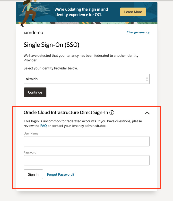 Image der lokalen OCI-IAM-Anmeldeseite