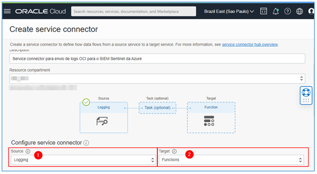 Quelle und Ziel für den Service-Connector definieren