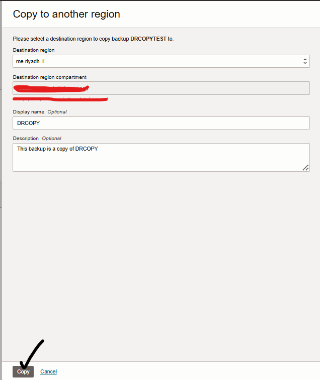 Bild, das das Kopieren des Backups in eine andere Region anzeigt