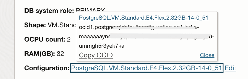 Zeigt die Datenbanksystemansicht an. Der Konfigurationslink zu PostgreSQL.VM.Standard.E4. Flex.2.32GB-140_51 ist ausgewählt.