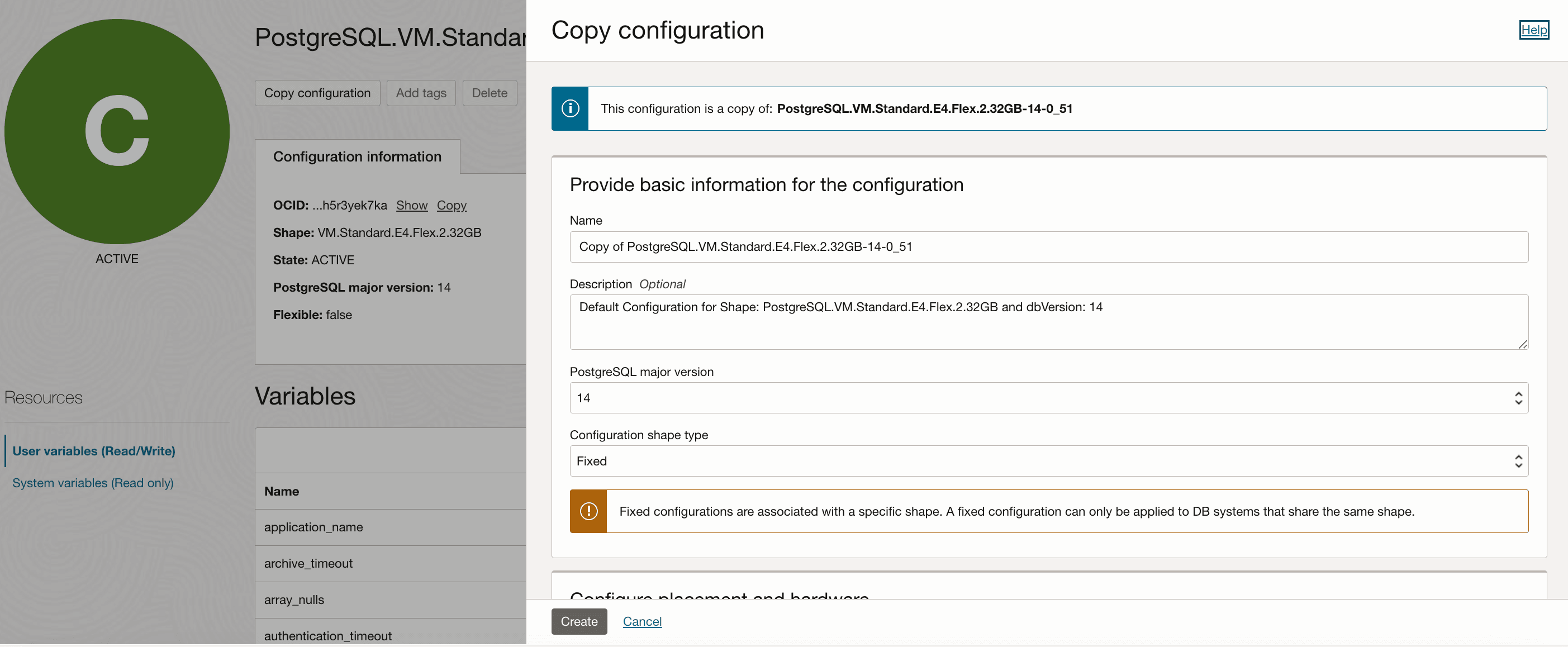 Zeigt den oberen Bereich des Dialogfelds "Konfiguration kopieren" an. Basisinformationen für die Konfiguration, wie Name, Beschreibung, PostgreSQL-Hauptversion und Konfigurationsausprägungstyp, können bearbeitet werden.