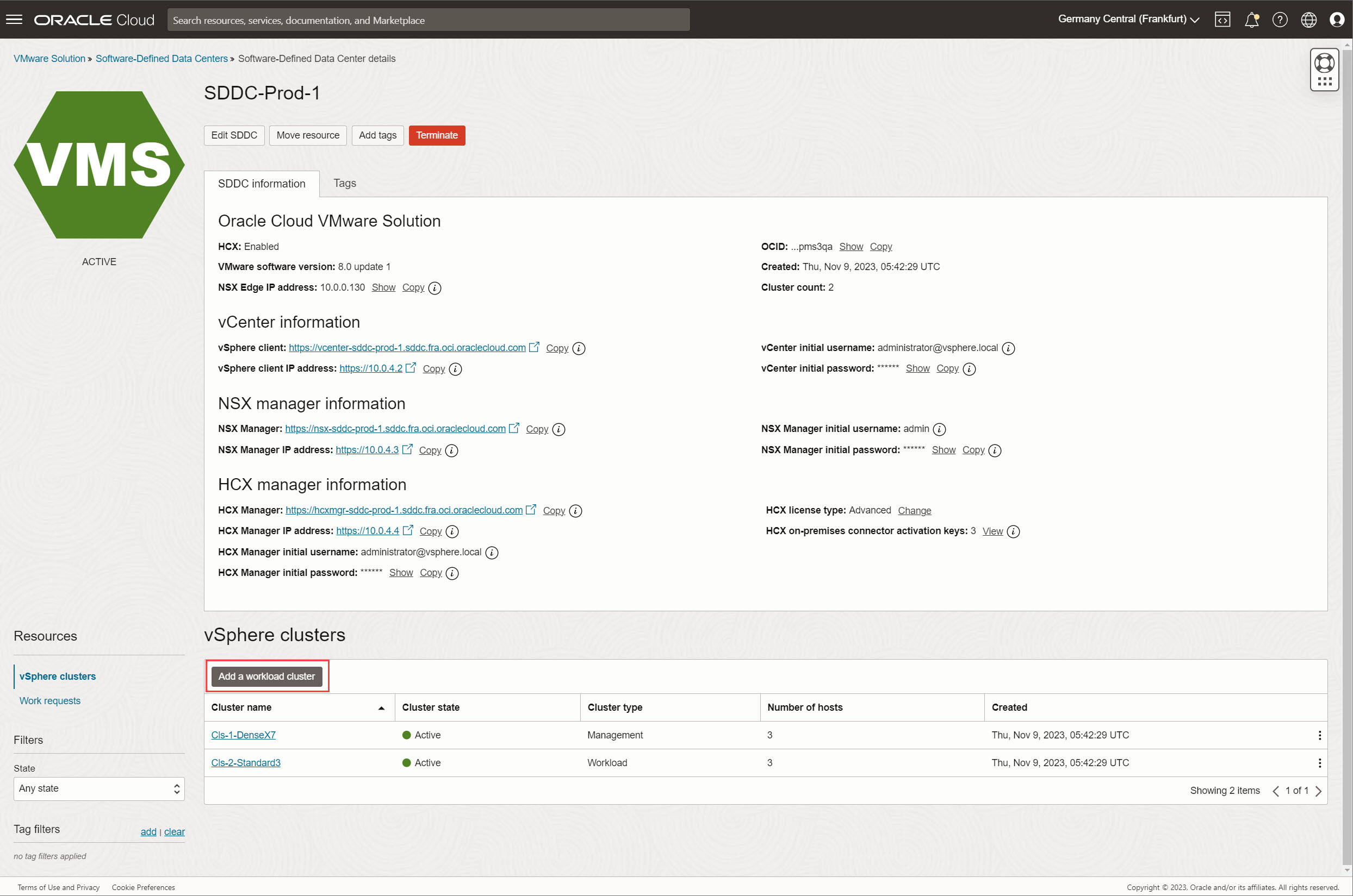 Seite "SDDC-Details" für vorhandenes SDDC