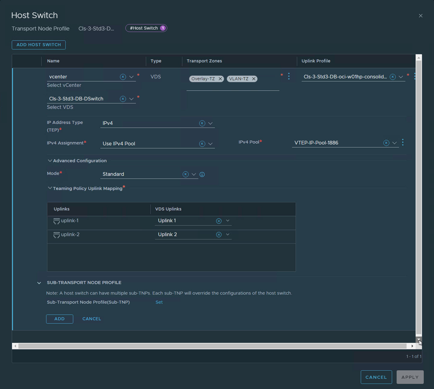 Host-Switch-Informationen zum Erstellen eines neuen TN-Profils