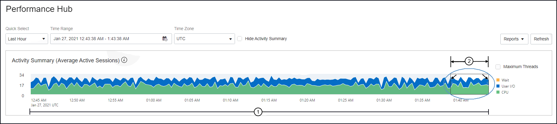 Performance Hub Activity Summary graph and controls