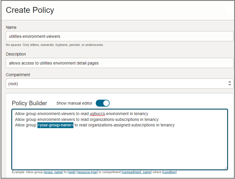 Detail showing the Policy Builder with pasted statements and updated group names