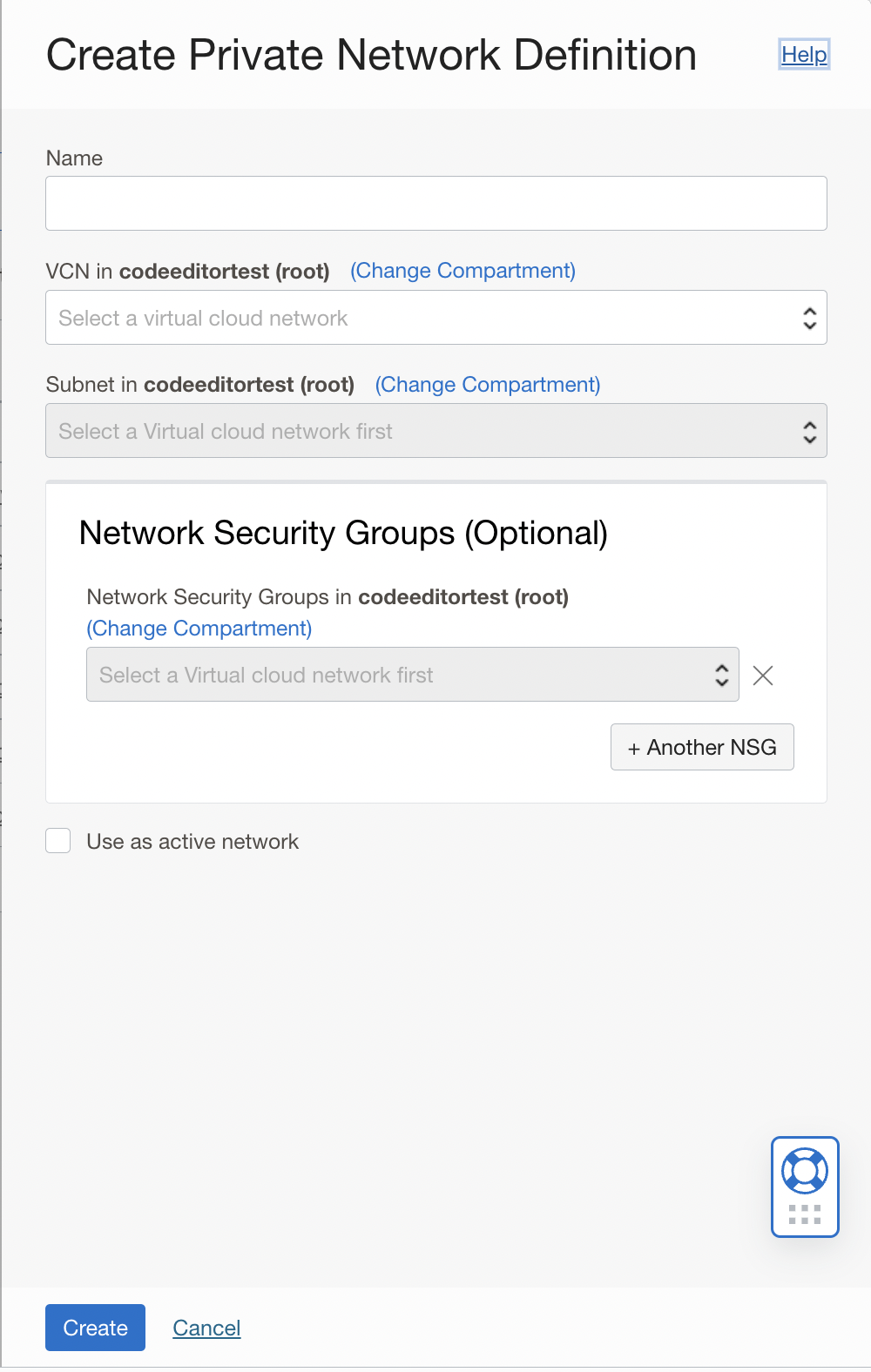 Example completed Cloud Shell private network setup dialog