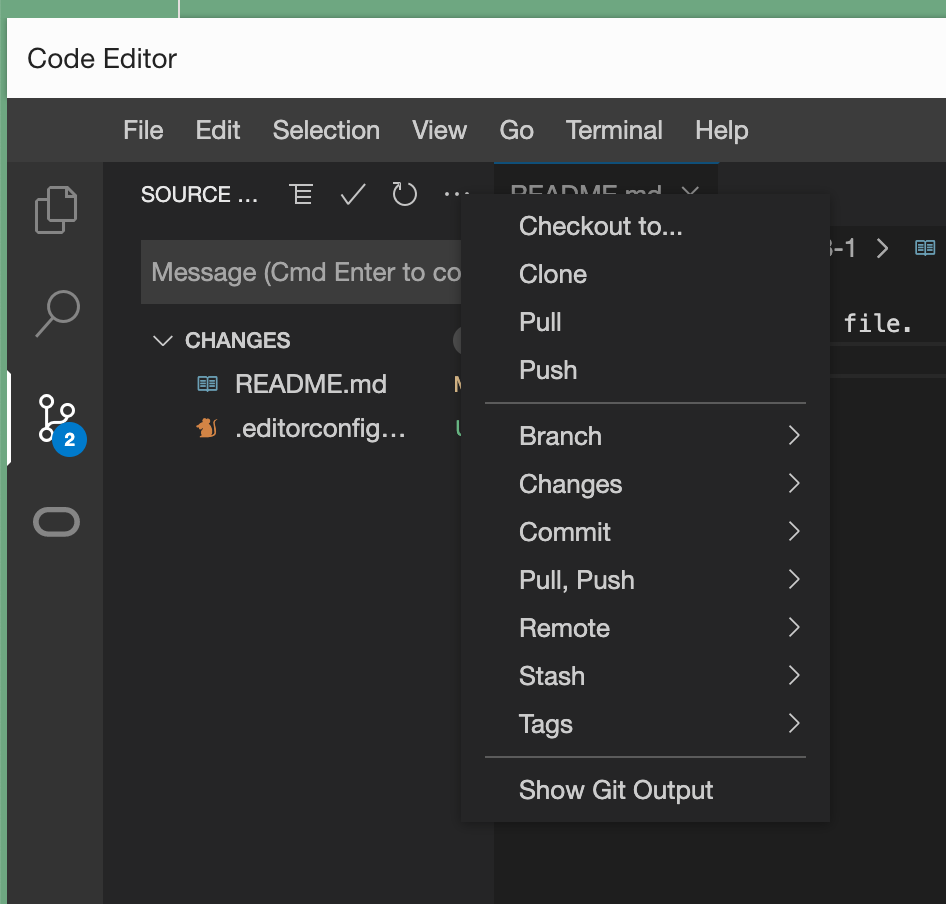 Code Editor git more actions menu