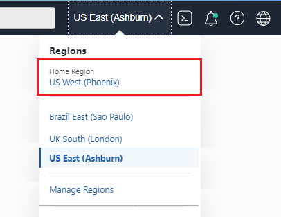 Region menu highlighting the home region