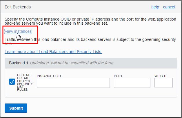 Image highlighting the View Instances link in the Edit Backends dialog