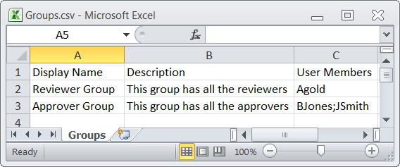 CSV file displayed using Microsoft Excel.