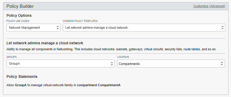 This image shows the policy builder with the network admins policy