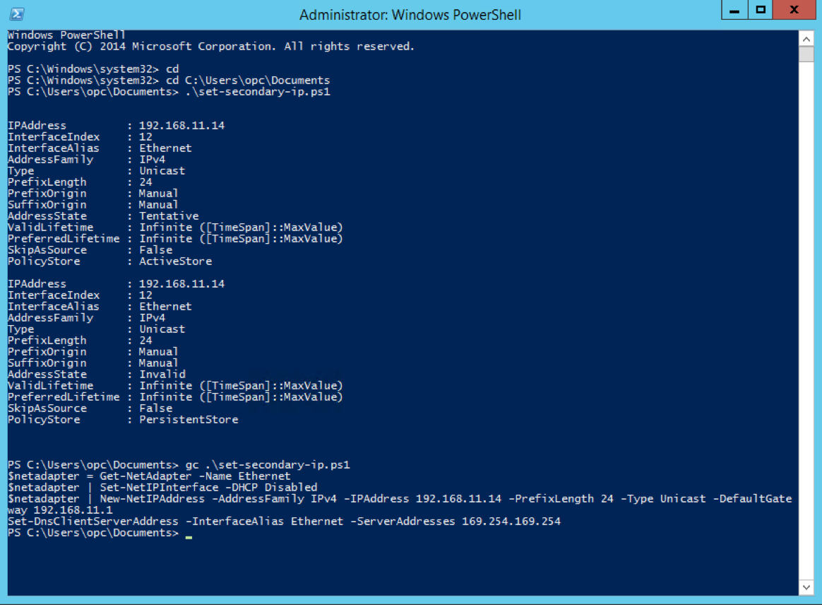 This image shows the PowerShell script for configuring a secondary private IP address.