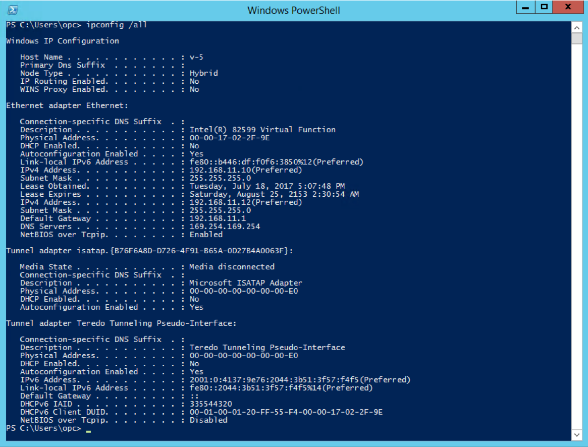 This image shows the results of the ipconfig /all command after you've added the secondary private IP address.