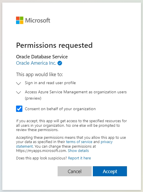 This image so the Azure permissions request form displayed at the beginning of the Oracle Database for Azure sign up process.