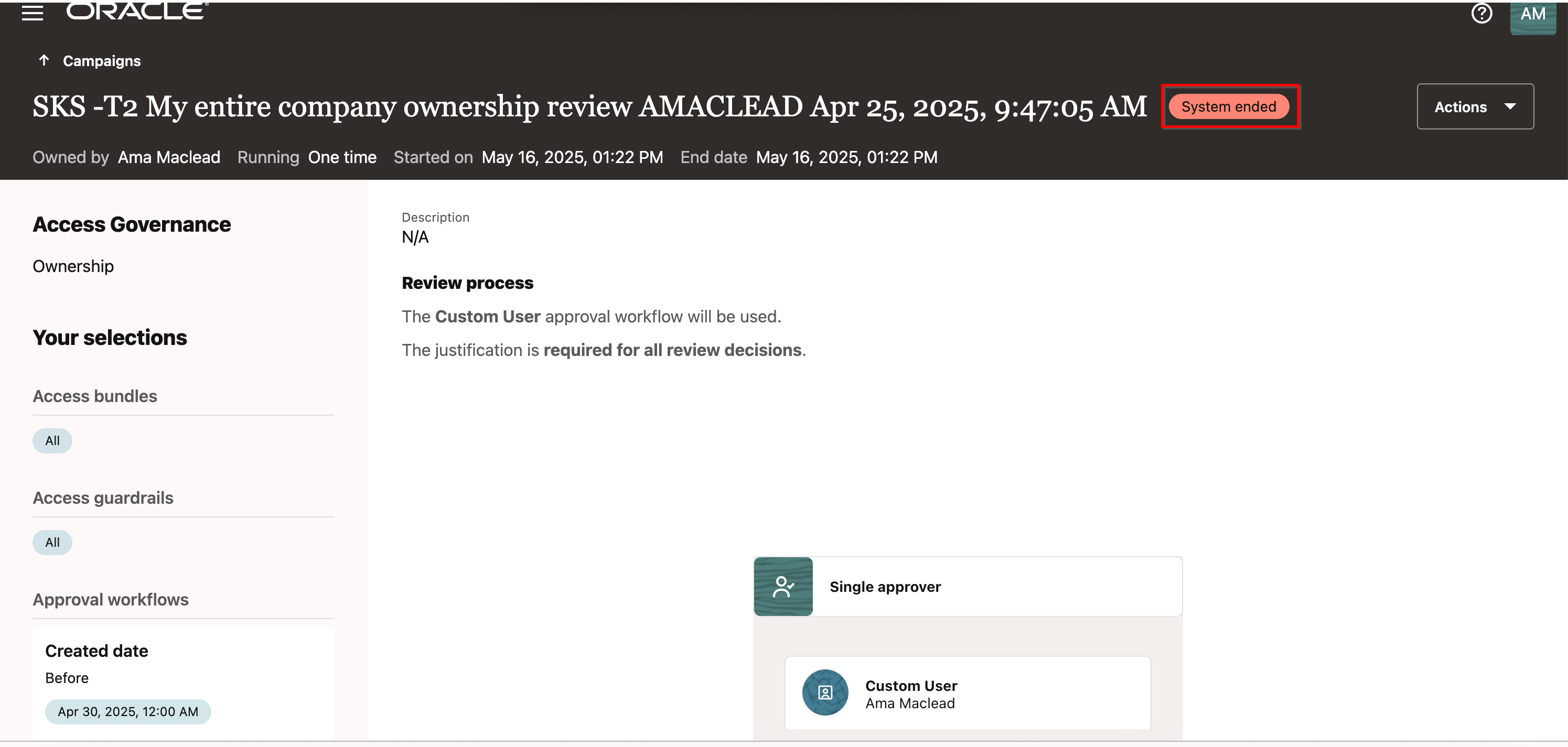 Failed Campaign Creation in Oracle Access Governance Console