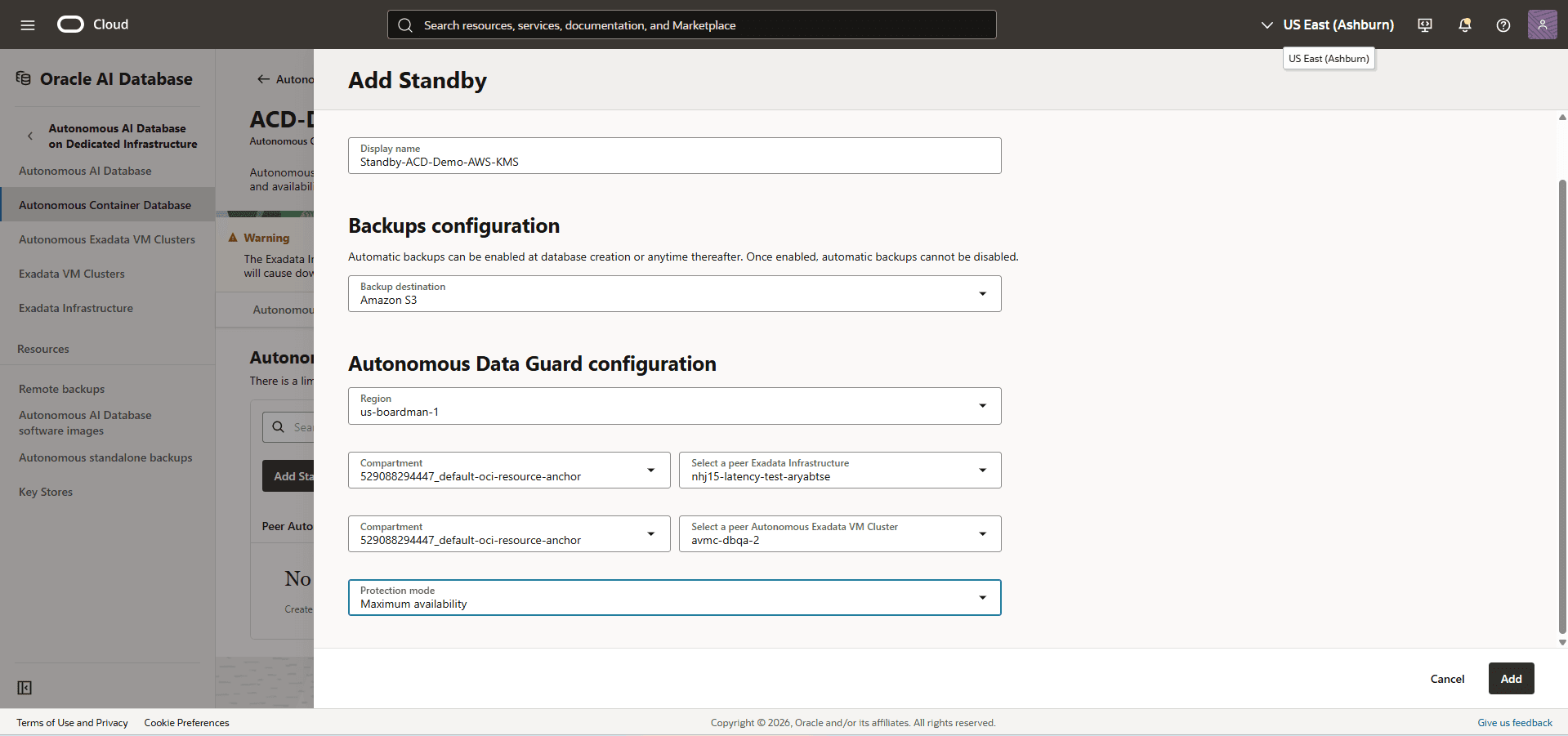 This screenshot shows how to add a standby database.