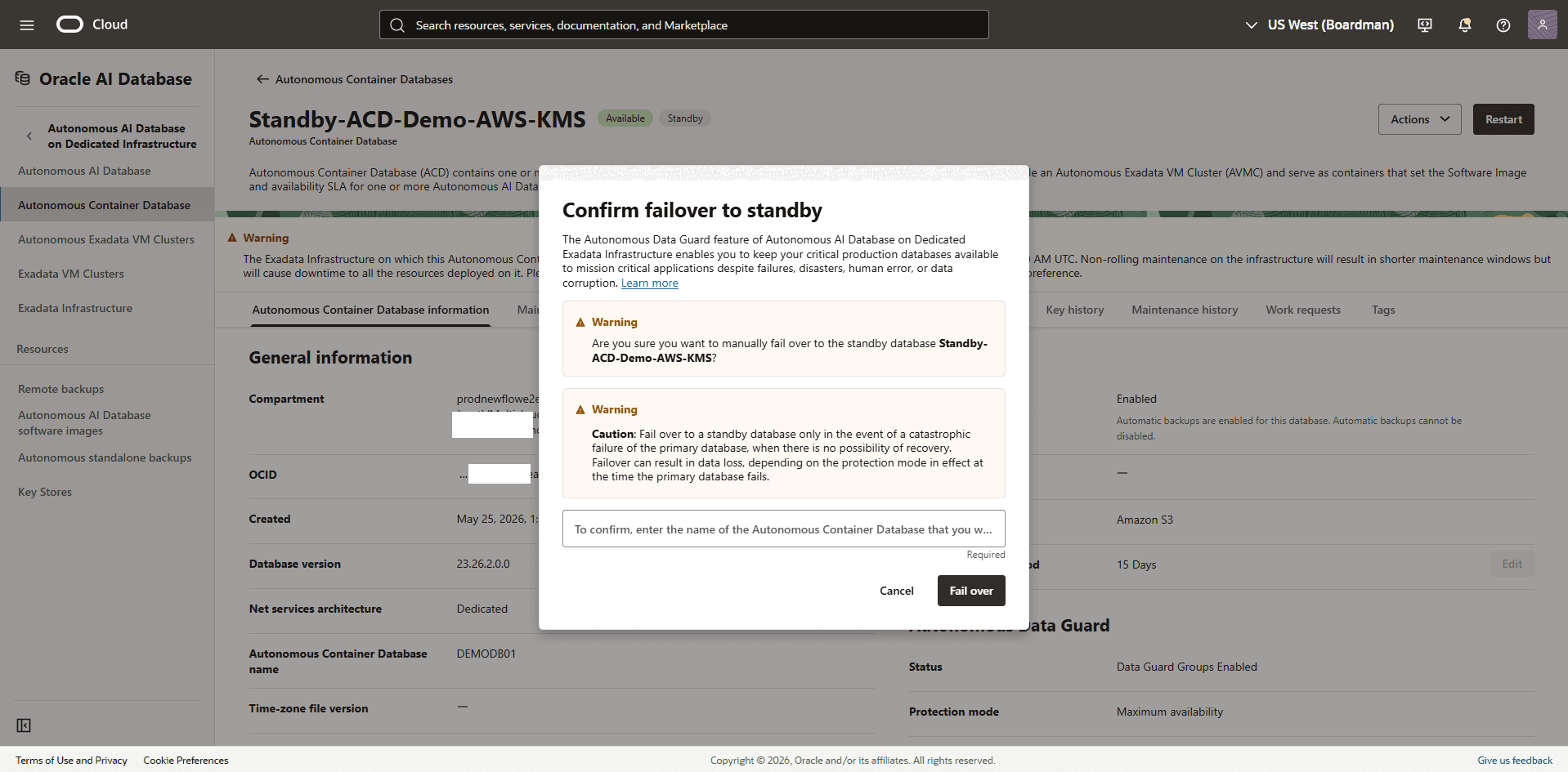This screenshot shows how to perform a failover.