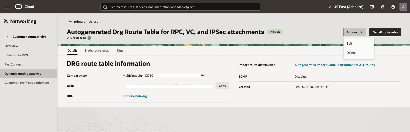 This screenshot shows how to configure the network in the primary region.