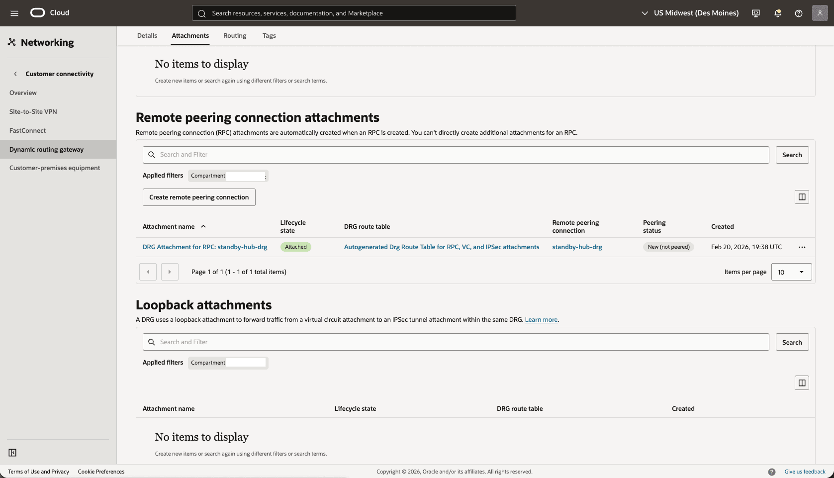 This screenshot shows how to configure the network in the standby region.
