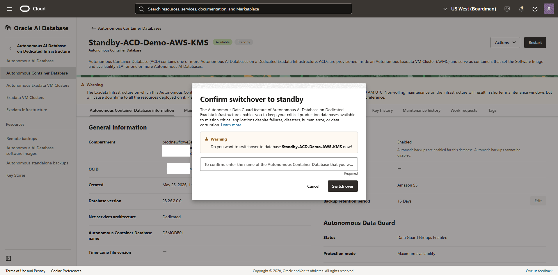 This screenshot shows how to perform a switchover.
