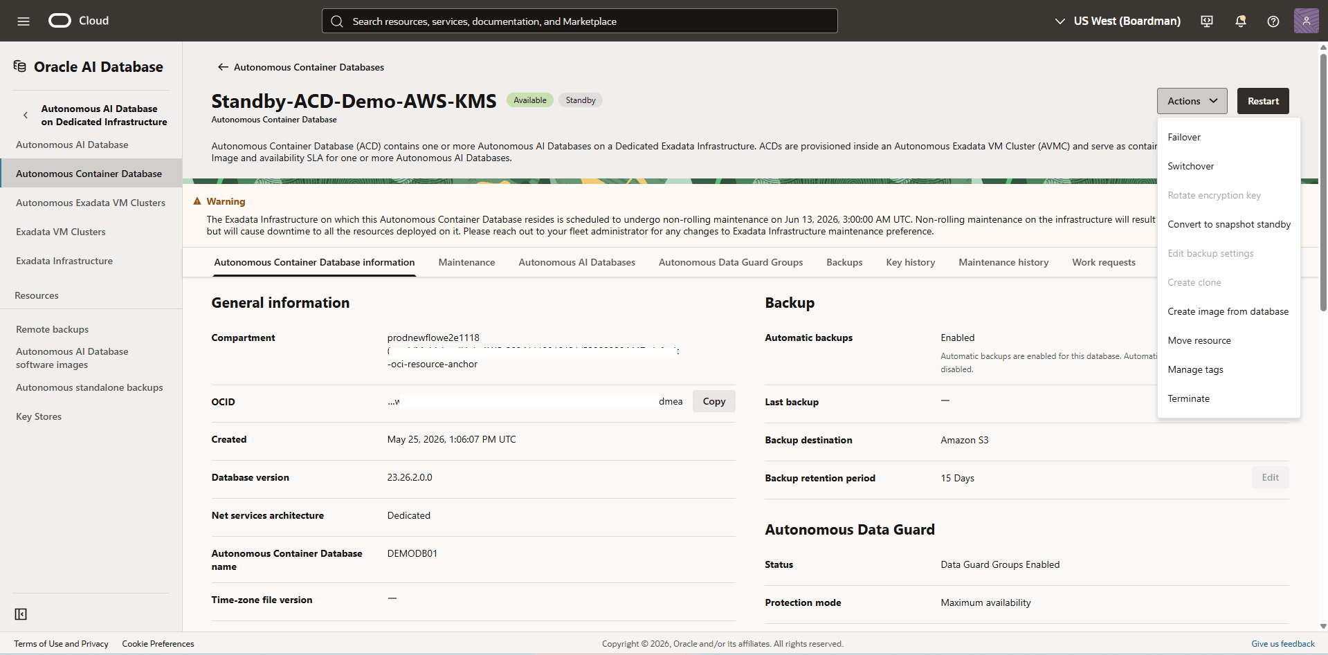 This screenshot shows how to perform a failover.