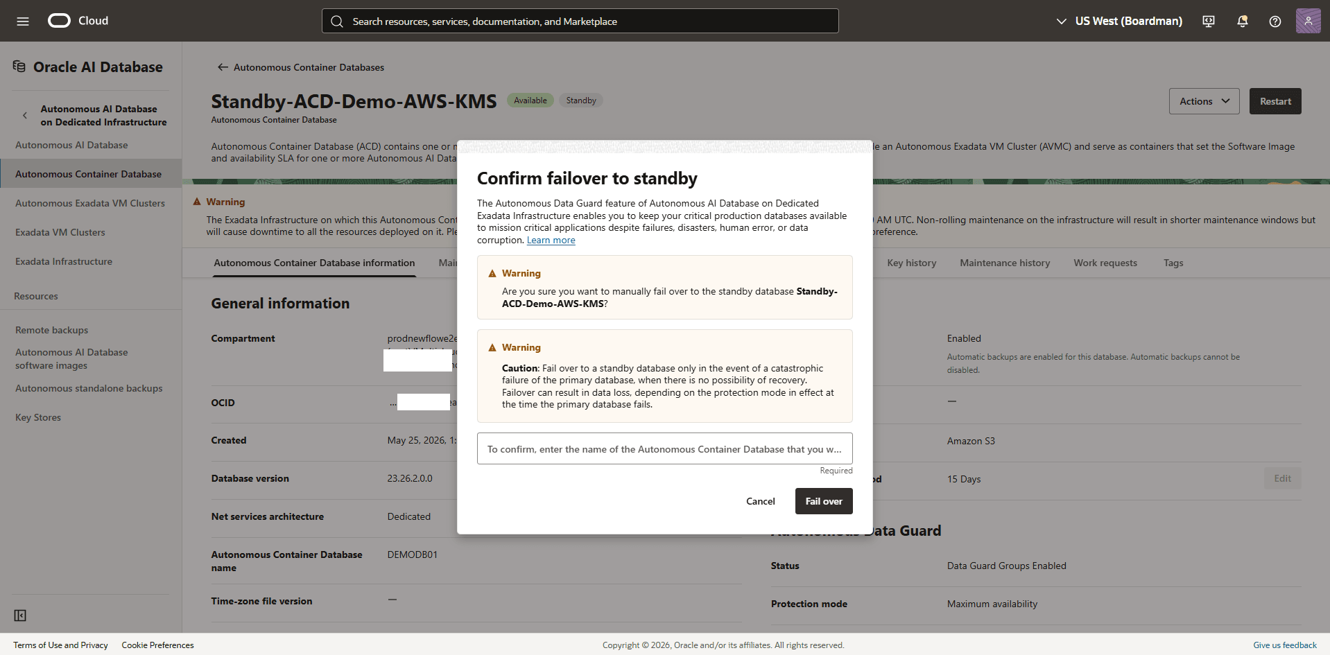 This screenshot shows how to perform a failover.