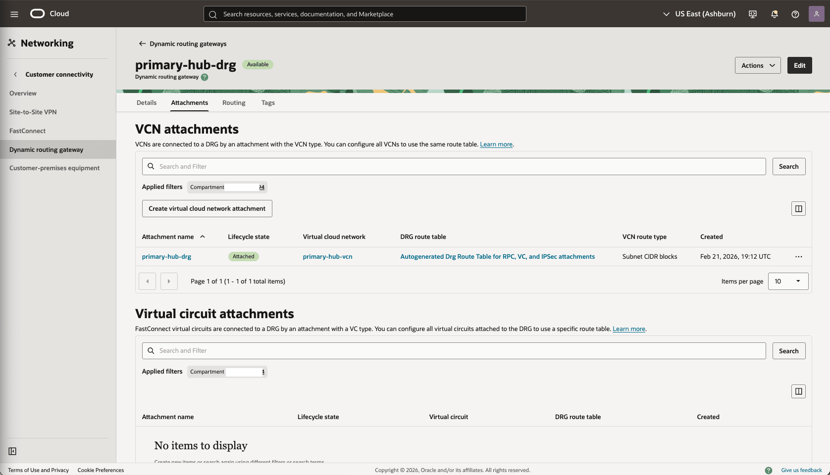 This screenshot shows how to configure the network in the primary region.