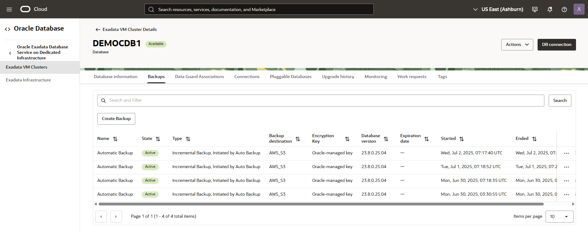 This screenshot shows the list of Automatic backups.