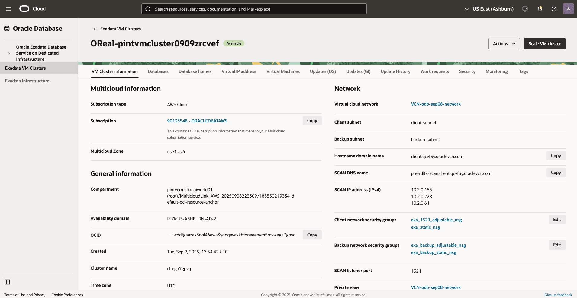 This screenshot shows the VM Cluster details.