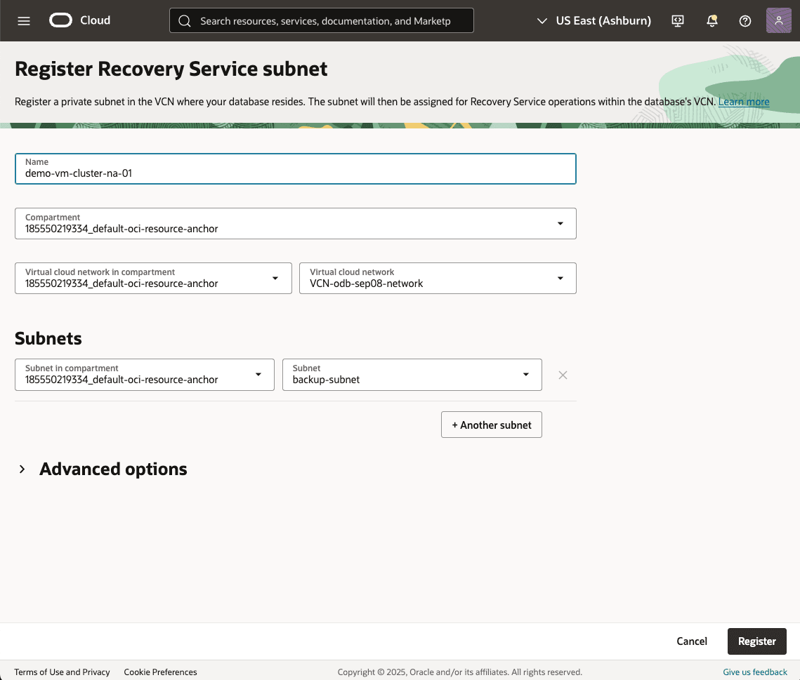 This screenshot shows how to register Recovery Service subnet.