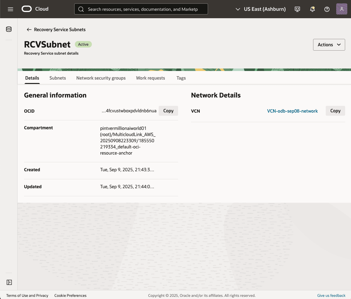 This screenshot shows the status of Recovery Service Subnet.