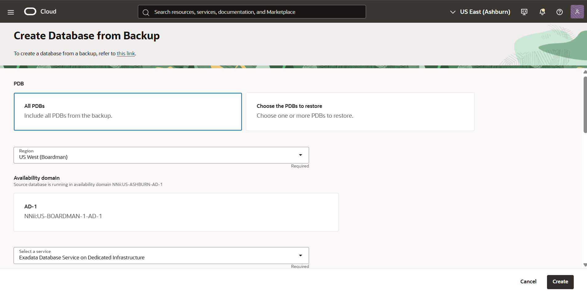This screenshot shows how to create a database from backup.
