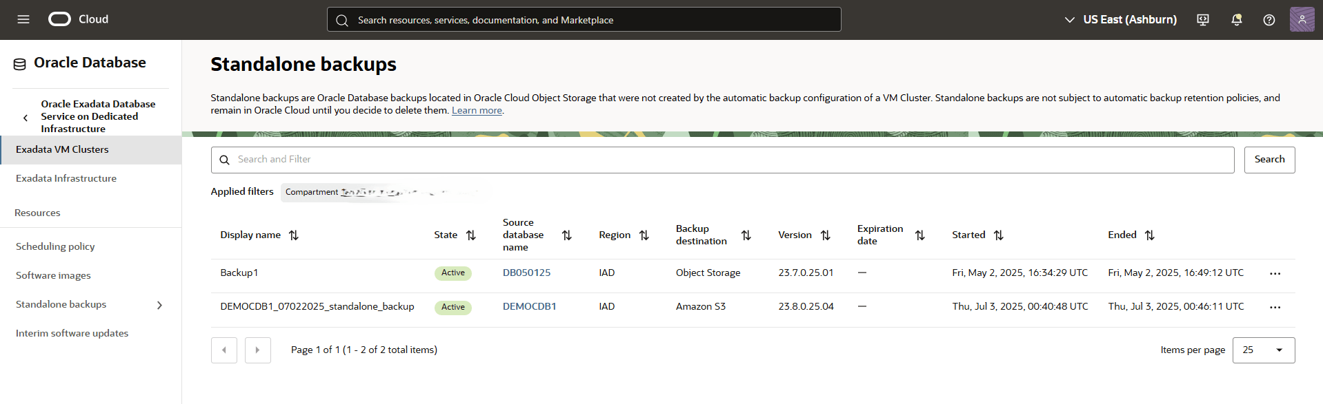 This screenshot shows the standalone backups dashboard.
