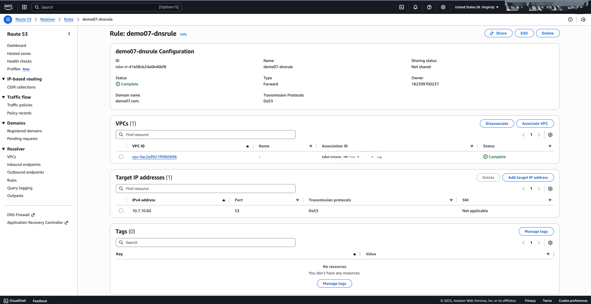 This screenshot shows the Route 53 Resolver Rule Configuration steps. This screenshot shows the Route 53 Resolver Rule Configuration steps.