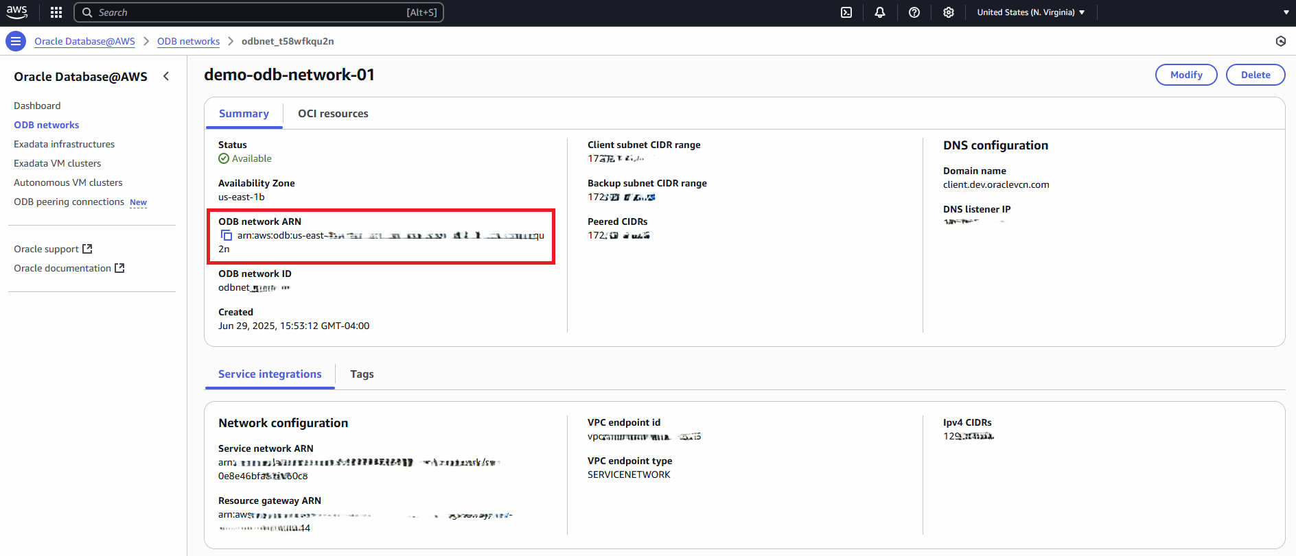 This screenshot shows the ODB network ARN.