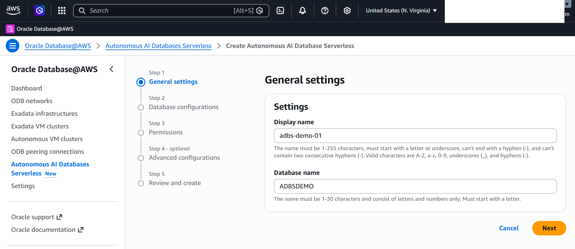 This screenshot shows how to create an Autonomous AI Database Serverless.